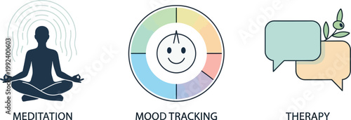 Person meditating with mood tracking and therapy icons promote wellness.