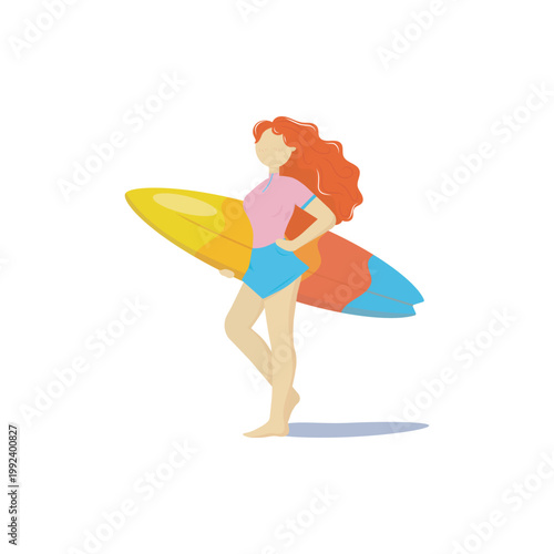 Stylized summer illustration of a red‑haired character holding a colorful surfboard. 