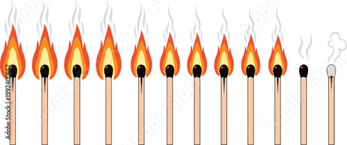 Burning matchstick sequence vector illustration showing stages from ignition to extinguished, fire process concept with flame and smoke isolated on background