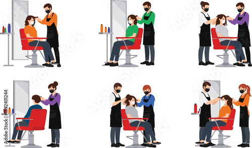Hair salon service set with hairstylists cutting, styling and drying hair, beauty salon professionals and clients, modern flat vector illustration collection