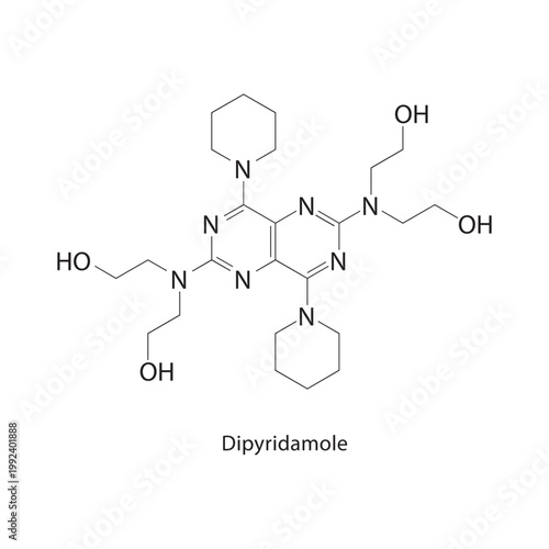 Dipyridamole skeletal structure. antiplatelet agent compound schematic illustration. Simple diagram, chemical formula.