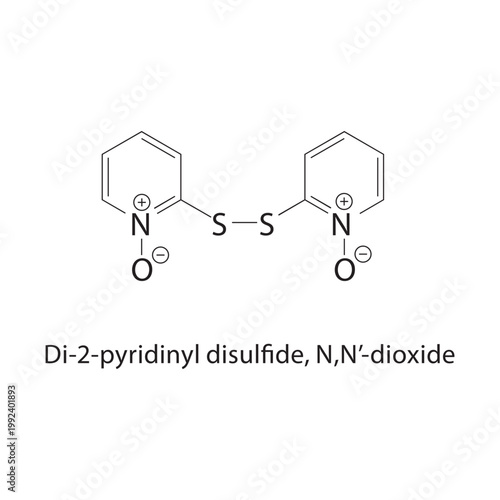 Di-2-pyridinyl disulfide N,N’-dioxide skeletal structure. disulfide compound schematic illustration. Simple diagram, chemical formula.