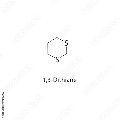 1,3-Dithiane skeletal structure. thioether compound schematic illustration. Simple diagram, chemical formula.