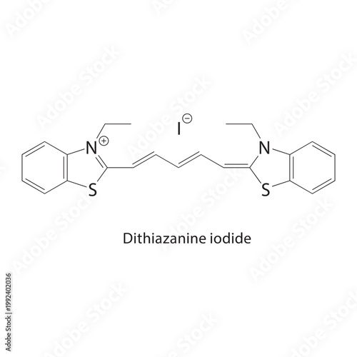 Dithiazanine iodide skeletal structure. dye compound schematic illustration. Simple diagram, chemical formula.