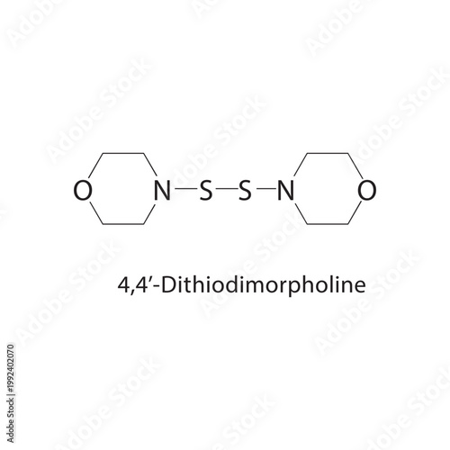 4,4’-Dithiodimorpholine skeletal structure. disulfide compound schematic illustration. Simple diagram, chemical formula.