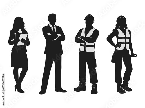 Silueta de hombre y mujer empresarios, empleados de oficina y obreros con equipo de seguridad en diversas poses. Figuras de personas con atuendo de oficina y de obrero. Vector aislado en blanco.