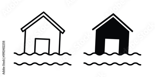 Flooded house icon design concept. Stroke and flat icons set