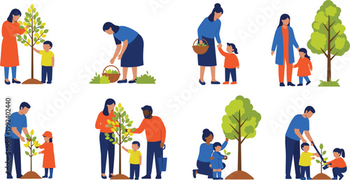 Family planting trees vector set with parents and children gardening together, environmental care, eco lifestyle and nature conservation concept flat illustration collection