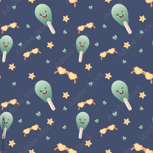 Cheerful seamless summer pattern featuring green popsicles with smiling and winking cartoon faces, heart‑shaped yellow sunglasses, tiny stars, and leaf motifs on a deep blue background.