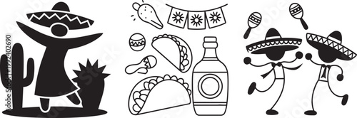 Cinco de Mayo celebration with dancing figures in sombreros, tacos, maracas and cactus