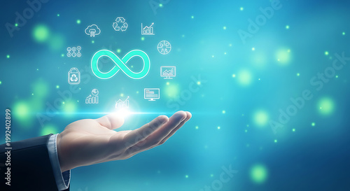 Business technology innovation and infinite possibilities concept with a hand holding a glowing infinity symbol