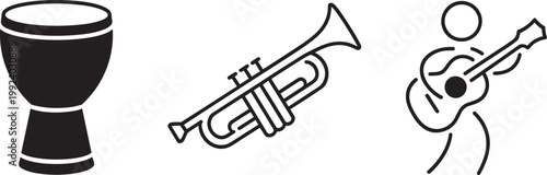Musical instruments: drum, set of 3, trumpet, and guitar player illustration with playing music