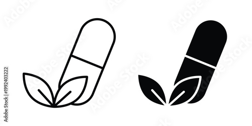 Herbal capsule icon design concept. Stroke and flat icons set