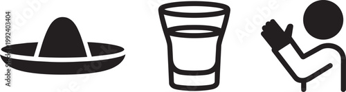 Sombrero, tequila shot glass, and clapping hands icon set with sombrero hat, party icon