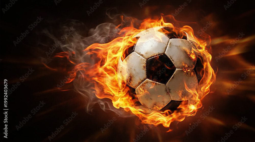 Fototapeta premium Soccer ball on fire with bright burning flames. High speed sports action concept with energetic blaze. Dynamic power and intensity of professional football game match competition background.