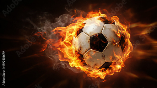 Soccer ball on fire with bright burning flames. High speed sports action concept with energetic blaze. Dynamic power and intensity of professional football game match competition background.