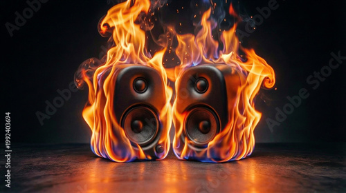 Two studio speakers engulfed in intense swirling flames. Creative audio sound concept with powerful volume. Burning music monitors representing high energy performance and bass sound.