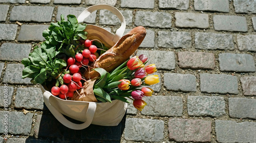 Reusable canvas bag filled with fresh radishes, a baguette, and colorful tulips on cobblestone ground. Eco friendly shopping concept, spring lifestyle, outdoor market groceries.