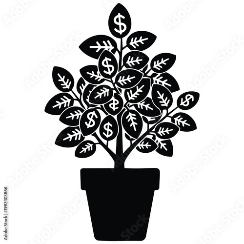 Money tree plant in a pot with dollar signs instead of leaves growing wealth vector illustration.