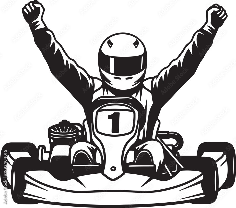 Εκτύπωση καμβά Black and white of a triumphant go-kart racer with arms raised in victory, weari