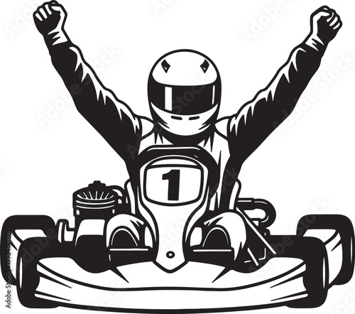 Фотография Black and white of a triumphant go-kart racer with arms raised in victory, weari