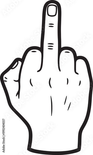 Black and white outline of a hand with the middle finger raised, isolated on a white background, also transparent background