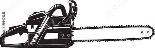 Black and white silhouette of a gasoline-powered chainsaw with a long guide bar and sharp chain also transparent background