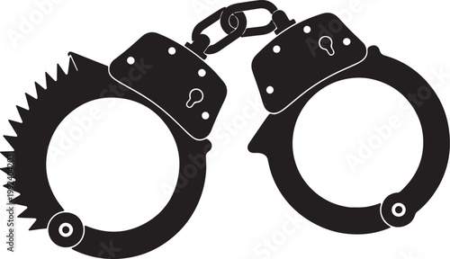 Black silhouette of handcuffs with serrated edge and chain link connector on white background, also transparent background
