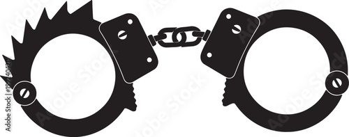 Black silhouette of handcuffs with serrated edges and chain link connection also transparent background