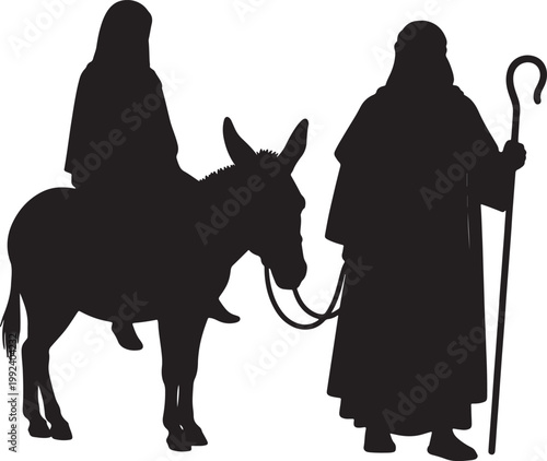 Black silhouette of joseph leading a donkey carrying mary, symbolizing the nativity story and spiritual journey also transparent background
