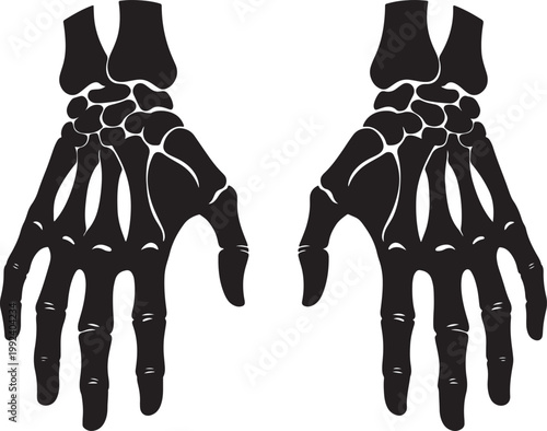 Black silhouette of human skeletal hands, showing wrist and finger bones, isolated on white also transparent background