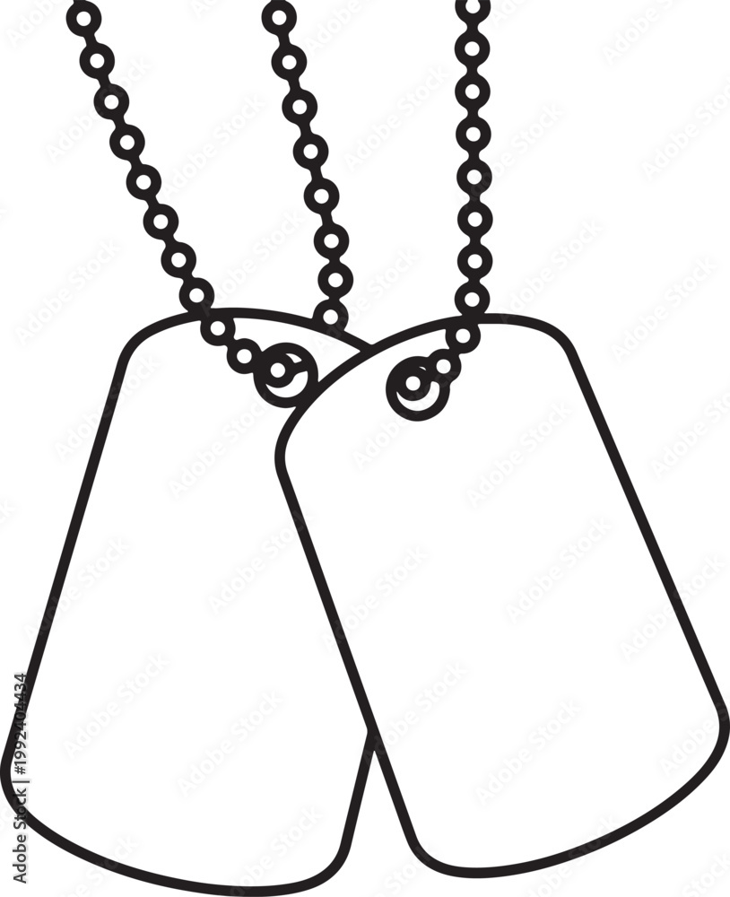 Fototapeta premium Two blank black outline dog tags hanging from beaded chains on a white background, also transparent background