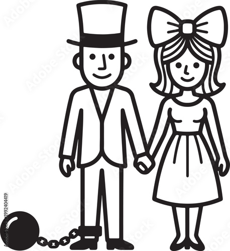 Stylized couple holding hands, man in hat with ball and chain, woman with large bow in hair also transparent background