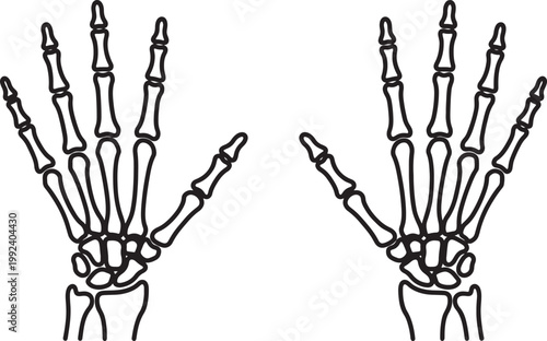 Two black outline human skeleton hands, front view, showing phalanges, metacarpals, and carpals on transparent background, also transparent background