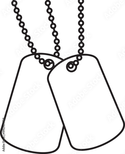 Two blank black outline dog tags hanging from beaded chains on a white background, also transparent background