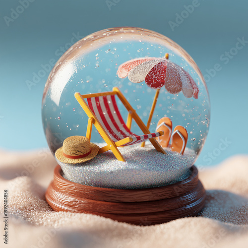 Summer beach scene inside snow globe with deck chair umbrella and flip flops on sand