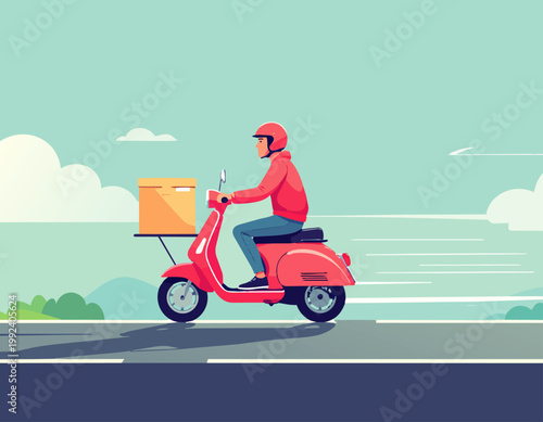  Mensajero conduciendo scooter con caja en carretera en estilo plano.
