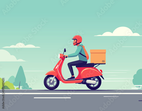 Mensajero en scooter entregando paquete en estilo plano, ilustración vectorial.
