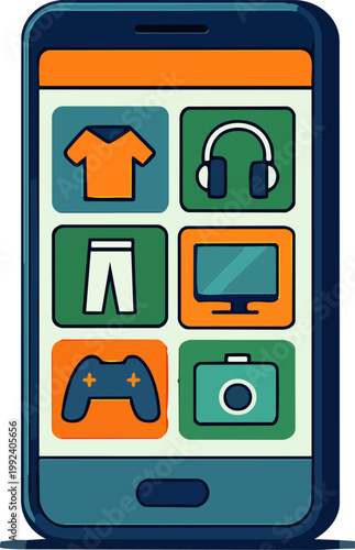  Teléfono móvil con iconos de apps en pantalla en estilo plano, ilustración vectorial.
