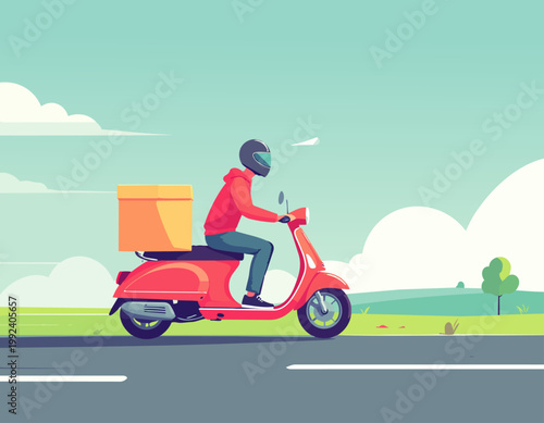  Persona conduciendo scooter en carretera en estilo plano, ilustración vectorial.
