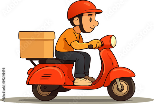  Mensajero en scooter con paquete en estilo plano, ilustración vectorial.
