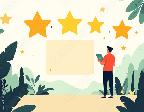  Escena con calificación de cinco estrellas y persona observando en estilo plano, ilustración vectorial.
