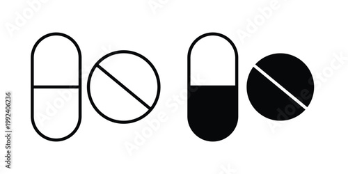 Medicine tablet icon design concept. Stroke and flat icons set