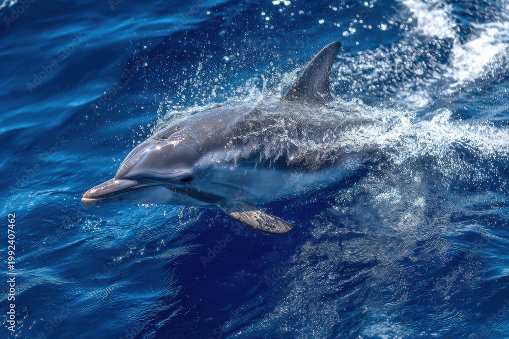 Fototapeta premium A dolphin swims swiftly through clear blue ocean waters on a sunny day near the coast, creating splashes and waves around it