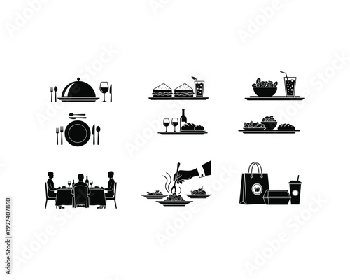 Iconic illustrations representing various dining and food service scenes