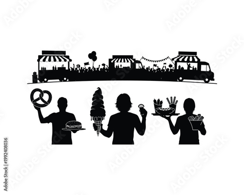 Vendors at a bustling outdoor food festival with various treats