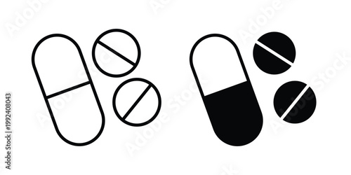 Painkiller pills icon design concept. Stroke and flat icons set