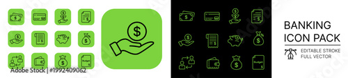Banking Finance Editable Stroke Icons Pack Wallet Credit Card Payment Transfer Invoice Savings Investment Budget Line Icon Set