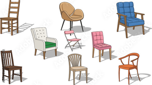 Chair collection vector set with wooden, modern and upholstered seating furniture, home and office interior design elements in flat style isolated illustration bundle