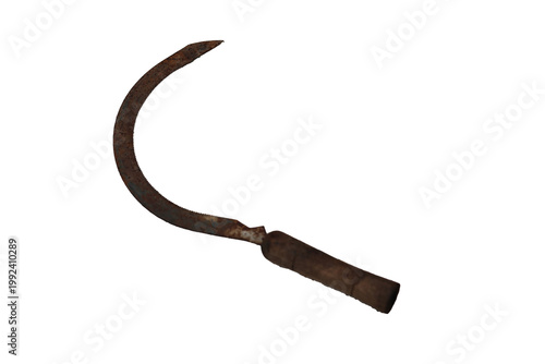 Quadro su tela Old rusty sickle with serrated blade and wooden handle